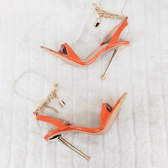 Nicely Lock Chain Strap High Heels Metal Toe Tip Orange Super Cute - Picture 3 of 13